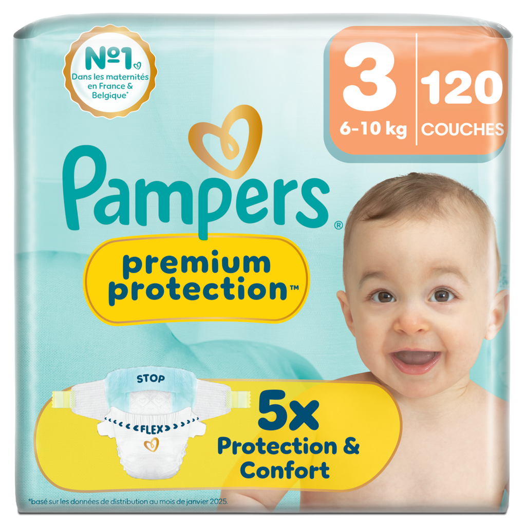 Pampers Premium Protection Couches Taille 3, 6-10 kg, 120 Couches Pour Bébé, Notre #1 Pour La Protection De La Peau Et La Protection Contre Les Fuites