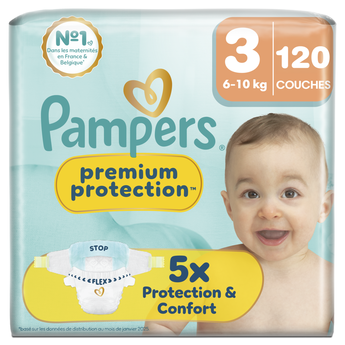 Pampers Premium Protection Couches Taille 3, 6-10 kg, 120 Couches Pour Bébé, Notre #1 Pour La Protection De La Peau Et La Protection Contre Les Fuites
