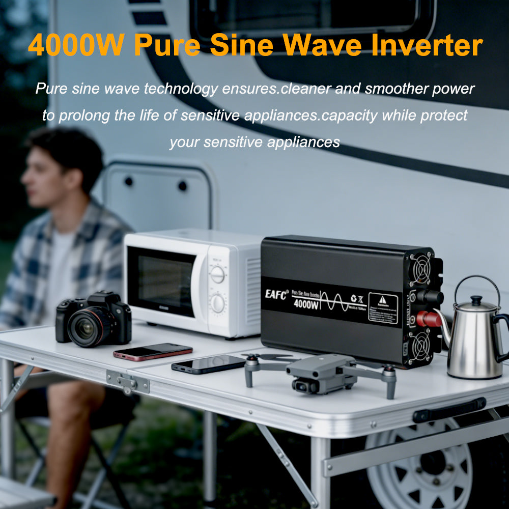 EAFC Onduleur à onde sinusoïdale pure 4000 W Pic 4000 W / Puissance nominale 2000 W avec technologie au silicium amorphe, convertisseur 12 V CC vers 220 V CA, prise universelle