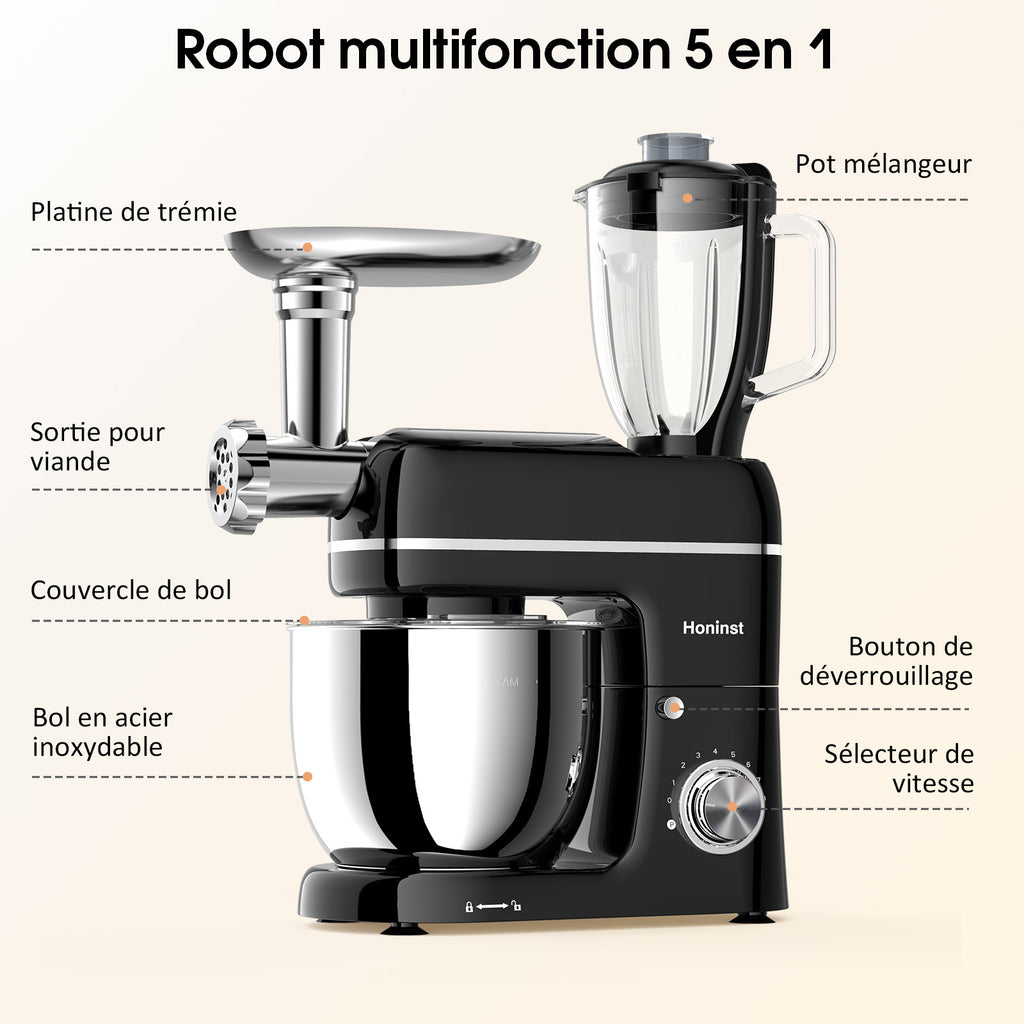 HONINST Robot pâtissier sur socle multifonction 7-en-1, Robot de cuisine à tête inclinable 8 vitesses 6,5 qt, Batteur électrique avec hachoir à viande, Mixeur à jus