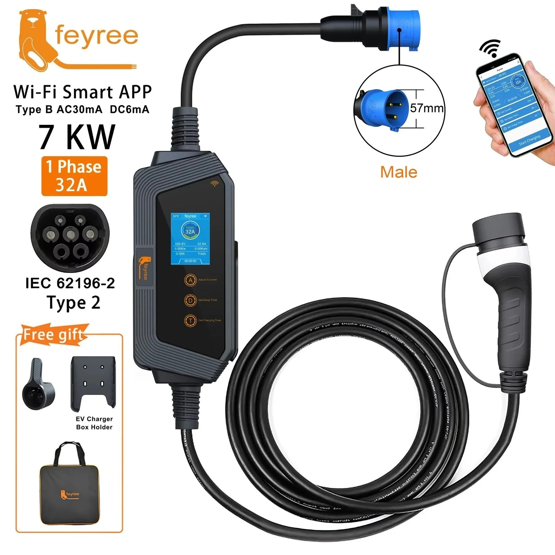 Feyree Chargeur pour véhicule électrique Type 2 32 A 7 kW, charge rapide, contrôle intelligent par application et Wi-Fi, boîtier de charge portable avec support pour chargeur de voiture électrique