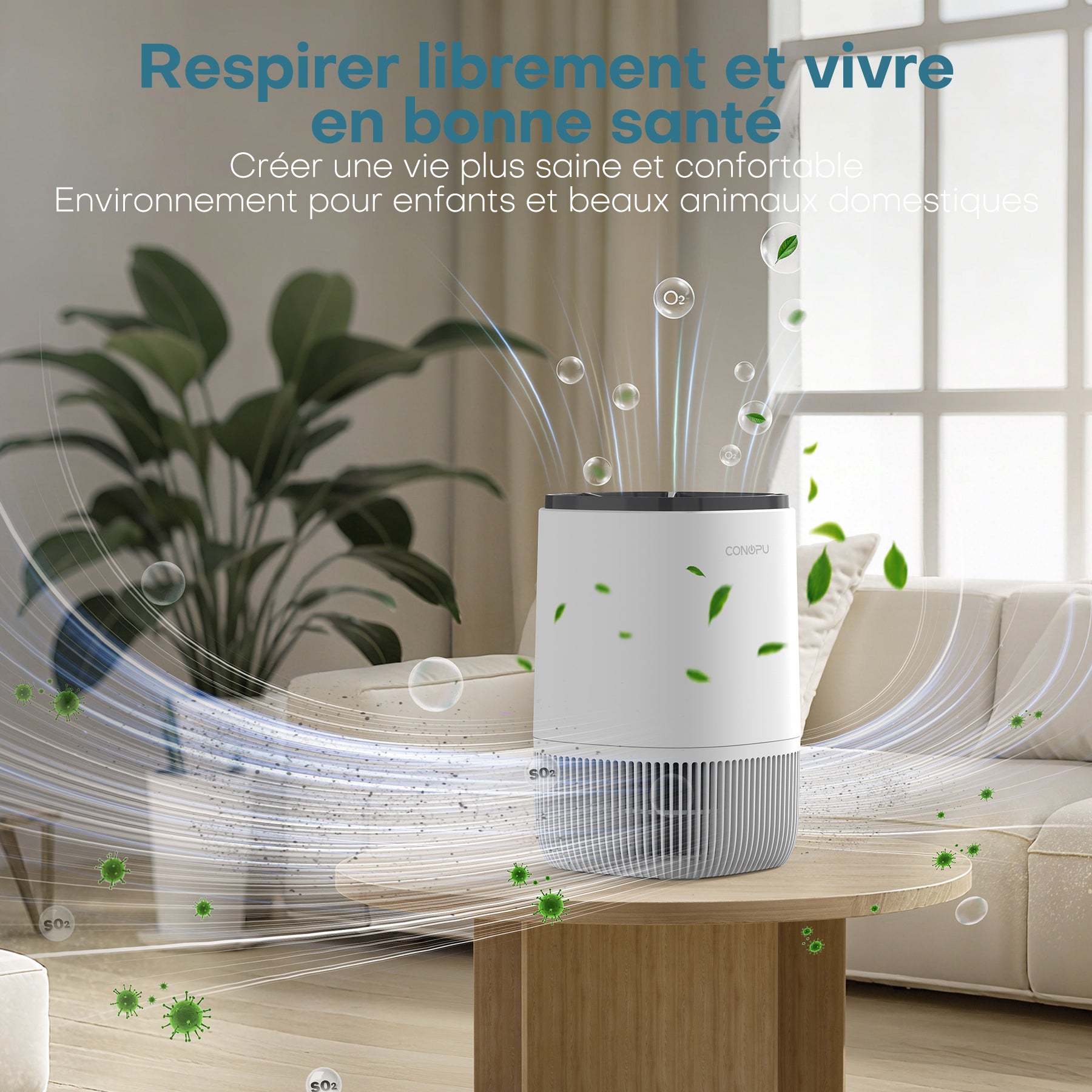 CONOPU Purificateur d'air HEPA avec diffuseur de parfum, 3 modes, minuterie 24 h, élimine fumée / pollen / squames et poils d'animaux, portable pour chambre / salon