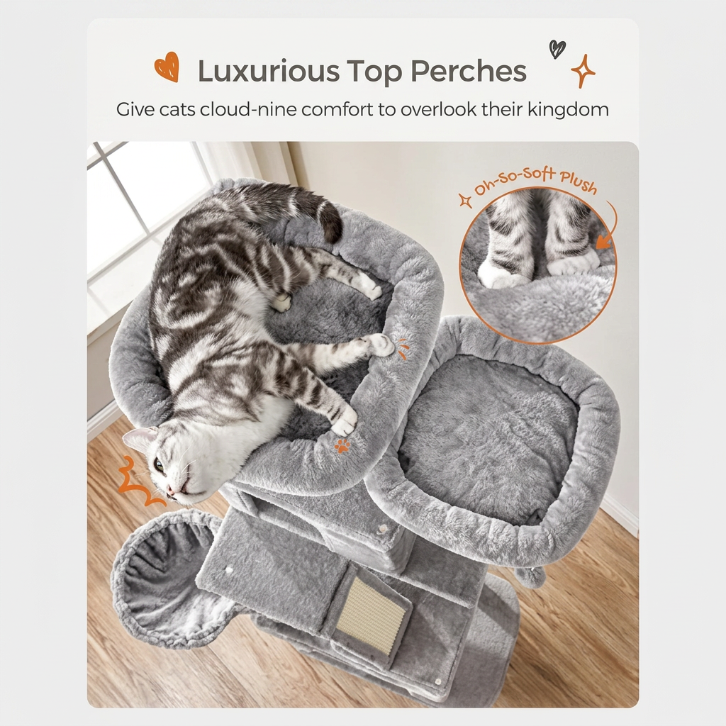 Feandrea Arbre à Chat 206 cm Grande Tour 13 Poteaux à Griffer 2 Perchoirs 2 Niches Panier Hamac Pompons Gris Clair