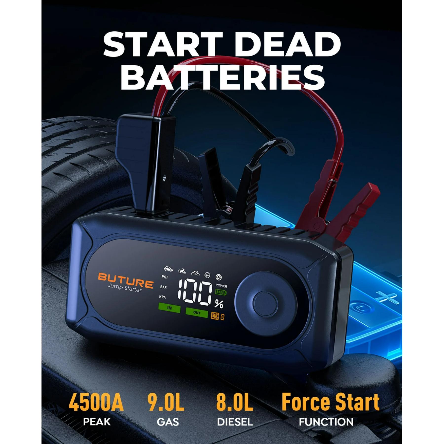 BuTure 4500A démarreur de secours pour voiture, avec compresseur d’air – démarreur de secours portable cinq-en-un pour batterie automobile