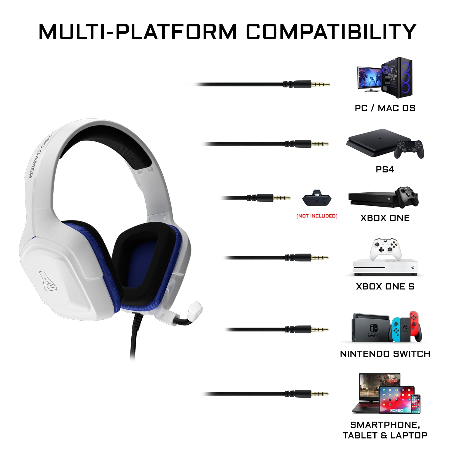 THE G-LAB Korp Cobalt Casque Gaming Filaire (Prise 3.5mm) - Micro Intégré - PC, PS4, PS5, Xbox One, Mac, Switch & Plus - Blanc