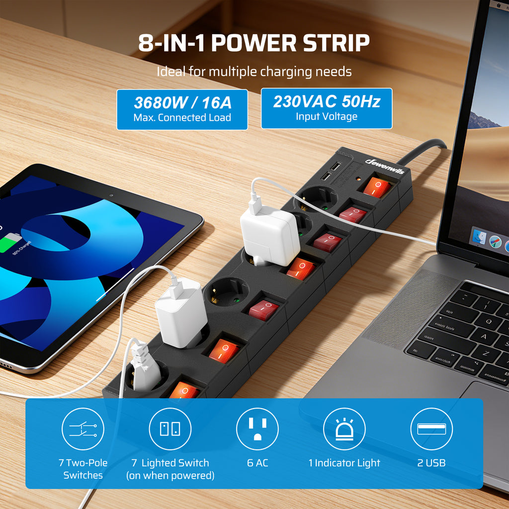 DEWENWILS Multiprise 6 prises avec USB, Interrupteurs individuels, Protection contre les surcharges, Sécurité enfant, Prises orientées à 90°, 5 m, Noir