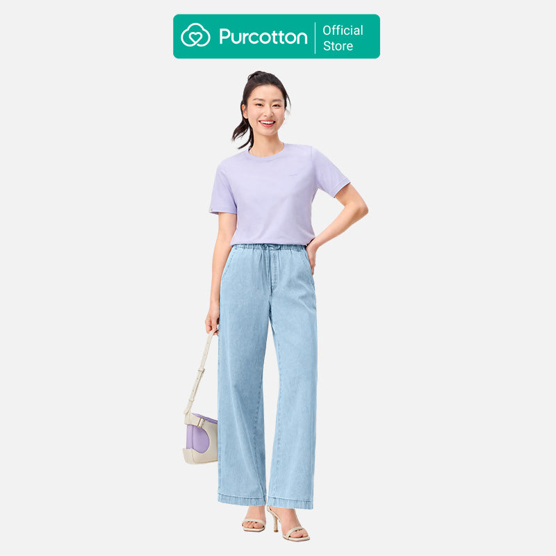Purcotton T-shirt Femme Col Rond Antibactérien - Confortable & Doux Pour La Peau - Polyvalent & Basique - Commutation Quotidienne - Violet Brume - 165/88A