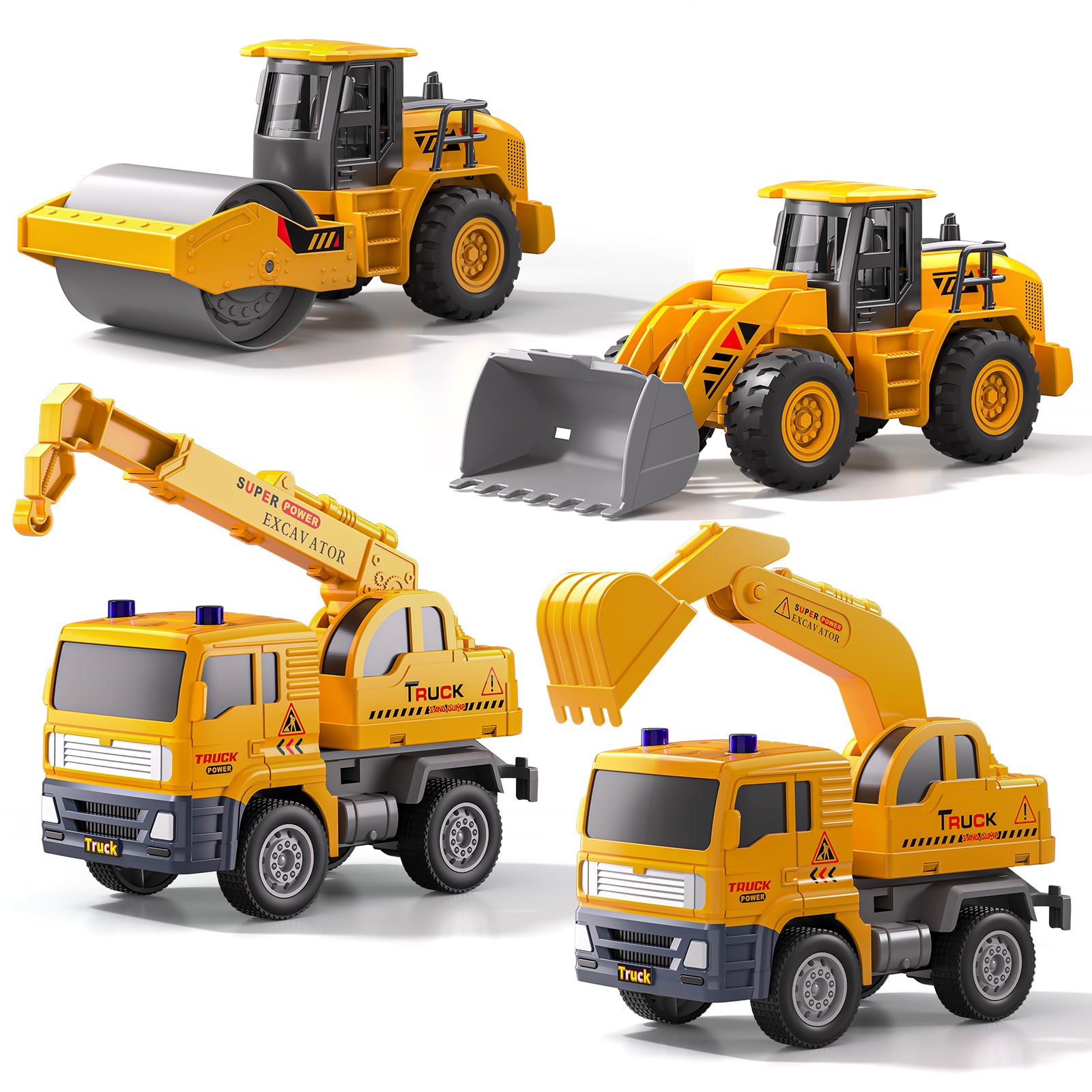 Ensemble de jouets de camions de construction, lot de 4 voitures d'ingénierie à roulement par friction avec pelleteuse, grue, Bulldozer, rouleau compresseur