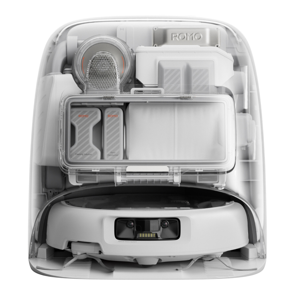 DJI ROMO P Aspirateur Robot Laveur avec design Transparent, Aspiration 25 000 Pa, Détection De Niveau Drone, Deux Bras Robotiques, Fonctionnement sans Entretien 200 Jours