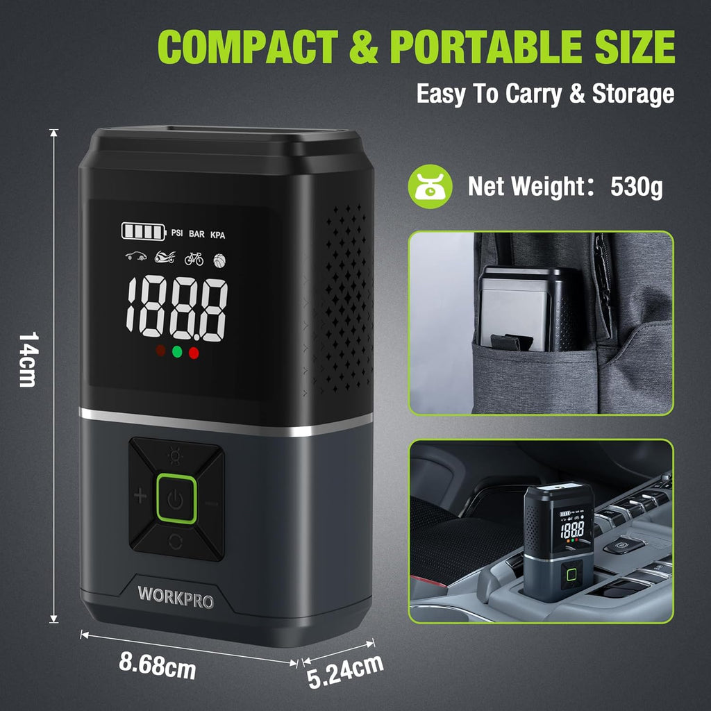 WORKPRO Pompe à air électrique 150 PSI (10,3 bar), Compresseur d’air sur batterie 7,2 V 2500 mAh