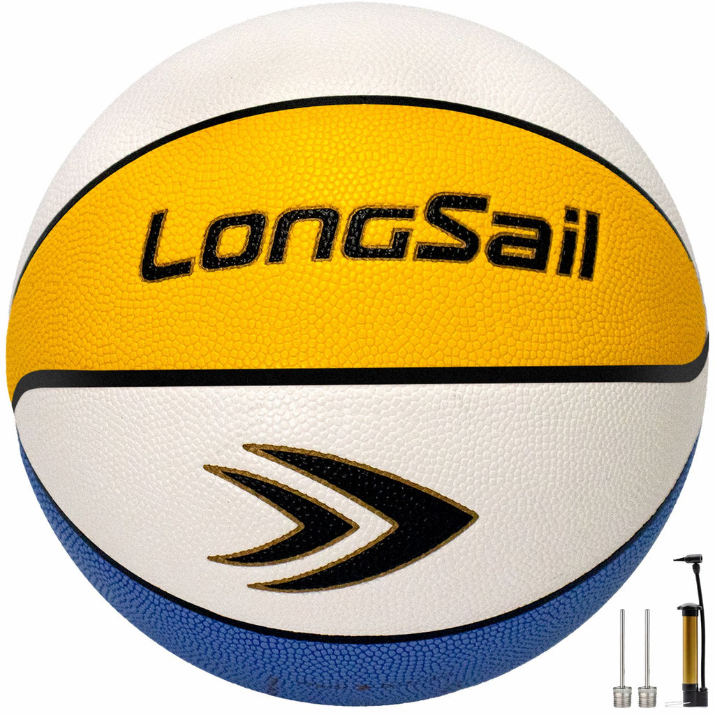 LONGSAIL Ballon de basket-ball en cuir composite haut de gamme/cuir microfibre taille 5 Jaune/Blanc/Bleu polyuréthane absorbant l’humidité
