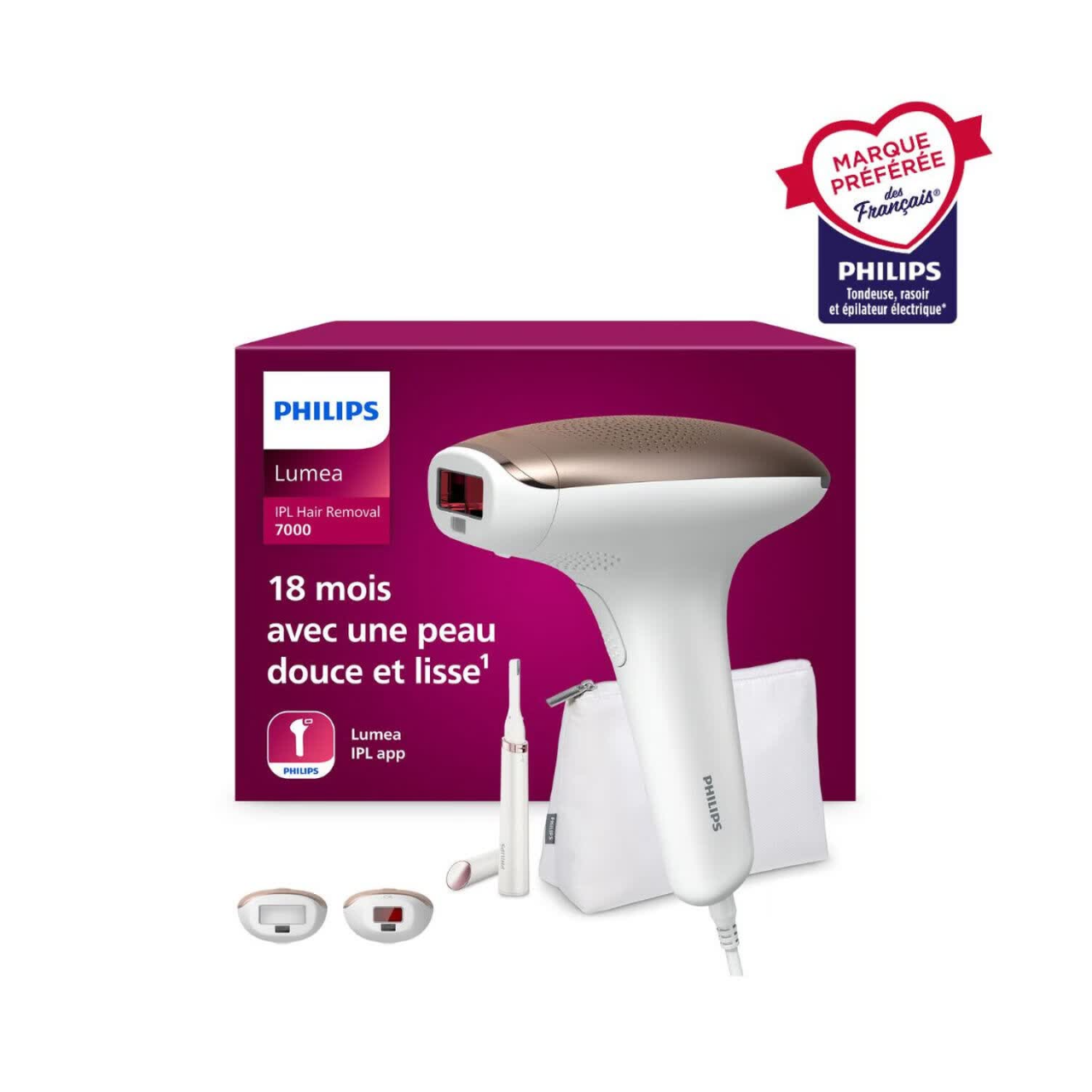 Philips Lumea Series 7000 BRI921/00 Épilateur à lumière pulsée avec capteur de teinte de peau, flashs rapides, embouts corps et visage, épilation semi définitive à domicile