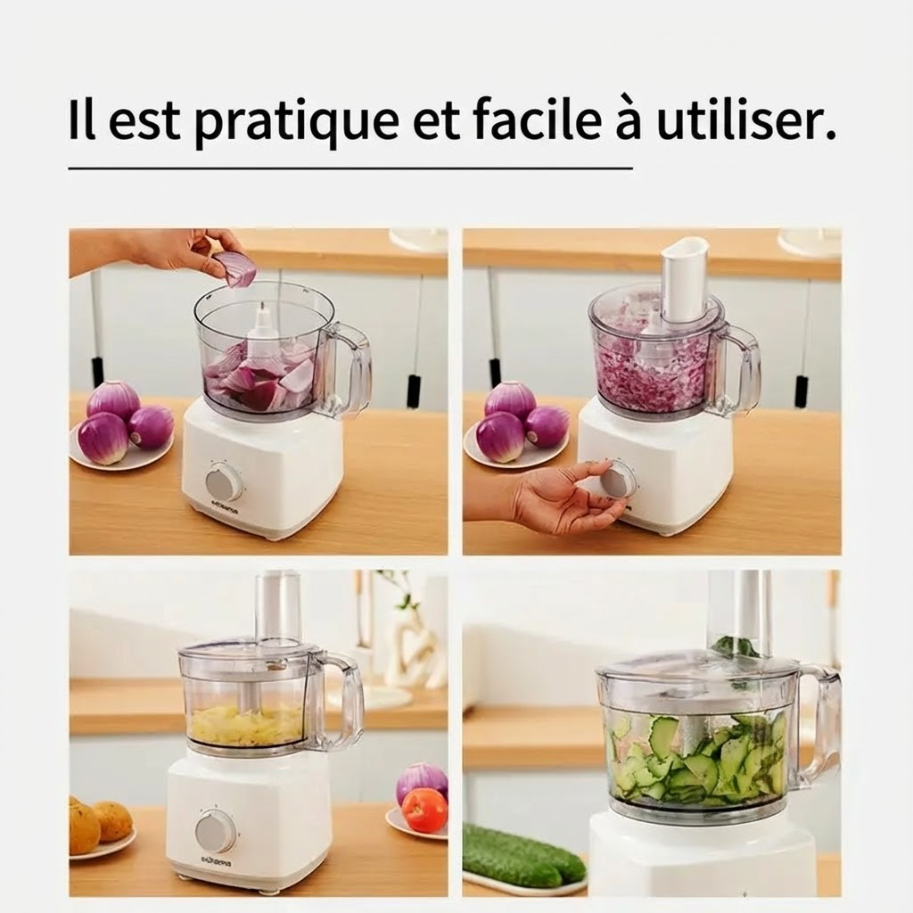 ochama Robot Multifonction 750W, 1,8L Grande Capacité, Blender, Hachoir à Viande, Coupe-Légumes, Disques à Trancher et Râper, Pièces Amovibles, Facile à Nettoyer
