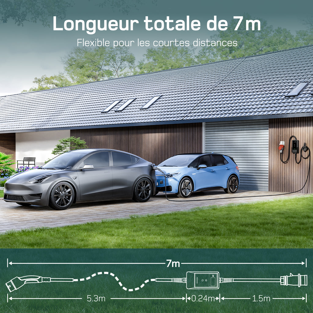 dé Borne de recharge murale mobile 22 kW avec application, Triphasée 7 m 6-32 A, Câble de recharge CEE 32 A vers Type 2, Chargeur pour véhicules électriques et hybrides rechargeables