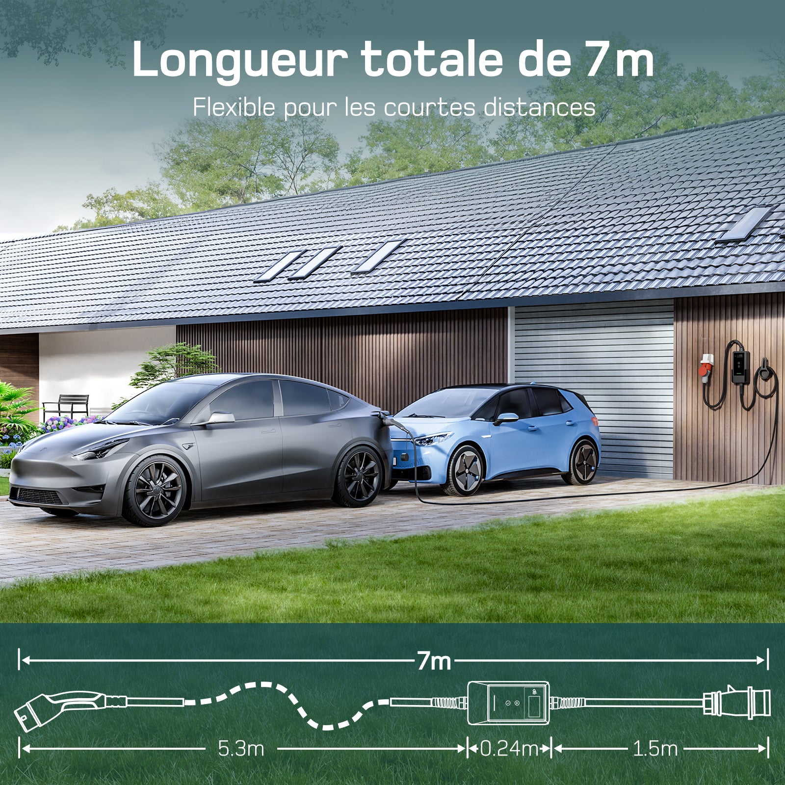 dé Borne de recharge murale mobile 22 kW avec application, Triphasée 7 m 6-32 A, Câble de recharge CEE 32 A vers Type 2, Chargeur pour véhicules électriques et hybrides rechargeables