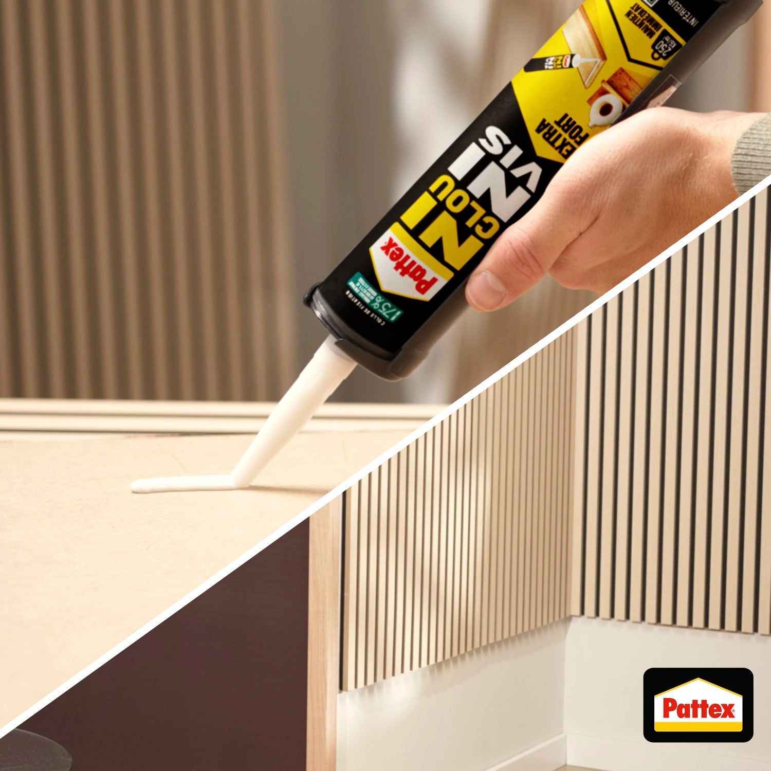 Pattex – Ni Clou Ni Vis Extra Fort (cartouche de 380 g) – Colle de fixation à maintien immédiat – Rapide pour usage intérieur surpuissante