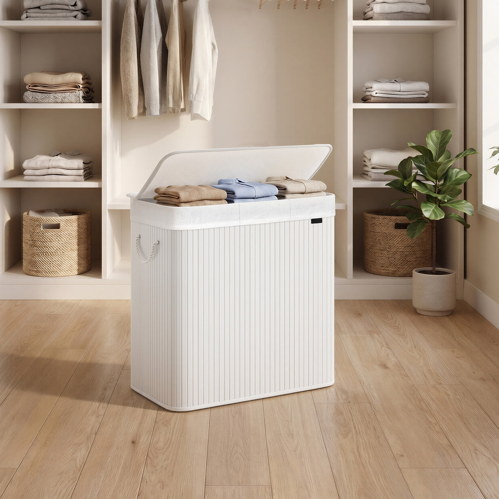 JOYFURNOS Grand Panier à Linge en Bambou, Panier à Linge Pliable à 3 Compartiments avec Couvercle, Sac Intérieur Amovible, Blanc