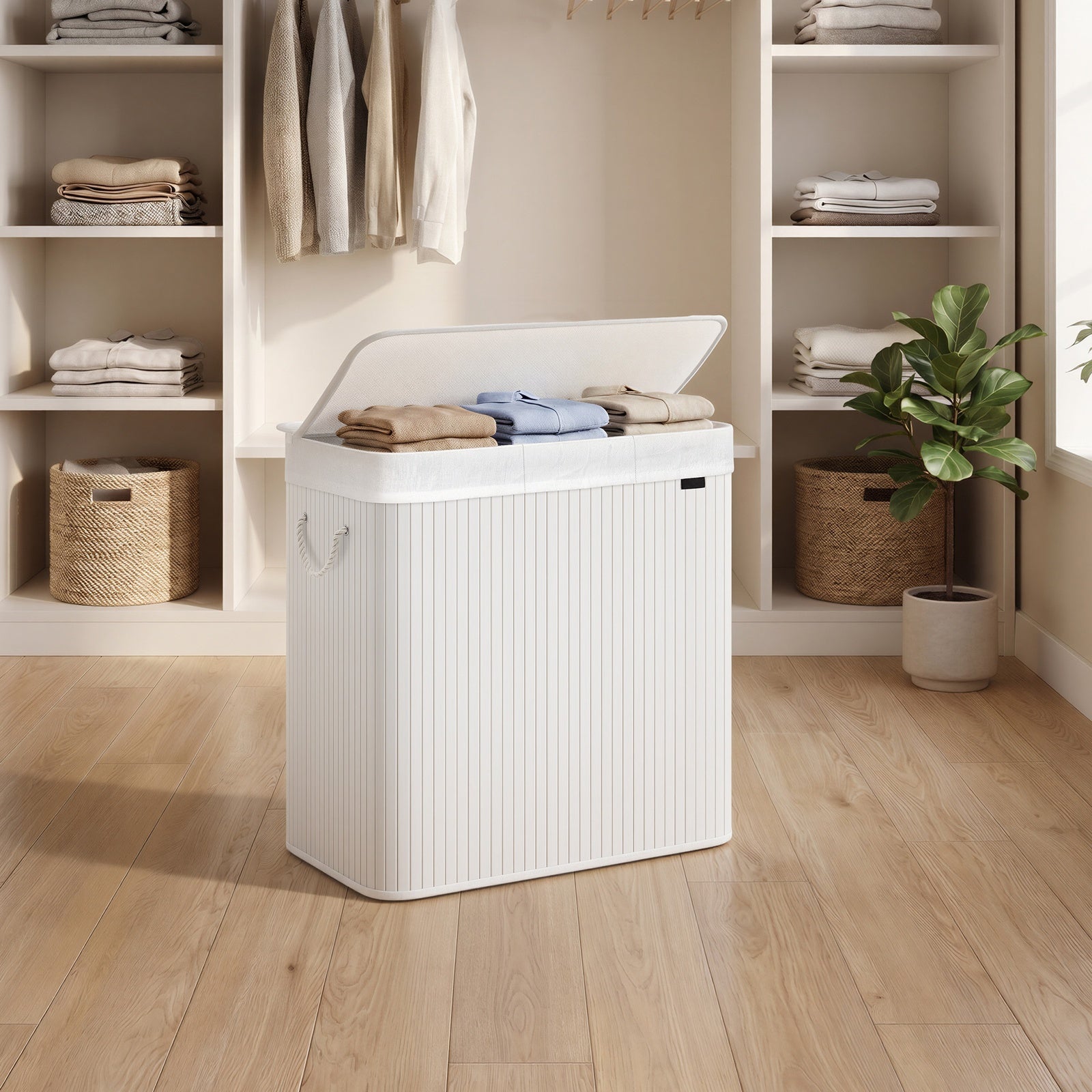 JOYFURNOS Grand Panier à Linge en Bambou, Panier à Linge Pliable à 3 Compartiments avec Couvercle, Sac Intérieur Amovible, Blanc