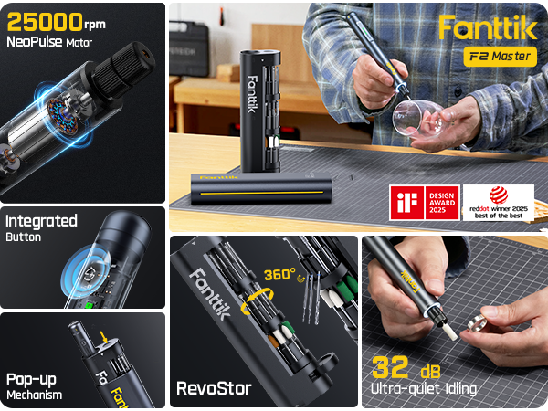 Fanttik F2 Master Mini kit de perceuse rotative sans fil NeoPulse avec 5 vitesses, 25 000 tr/min, Revostor Hub, 35 accessoires et fonctions ponçage, polissage, perçage et gravure