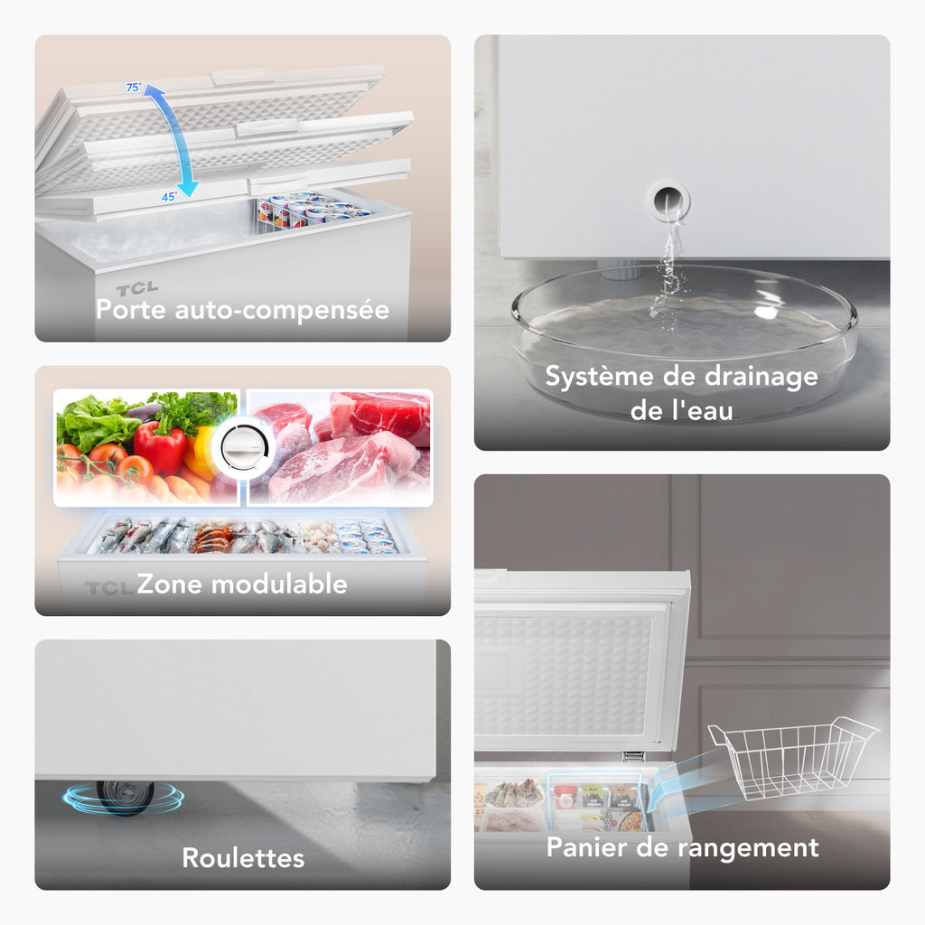 TCL CF182EWE0FR Congélateur 140 L, panier de rangement inclus, couvercle à équilibrage par contrepoids, convient pour diverses applications, thermostat réglable, pieds réglables