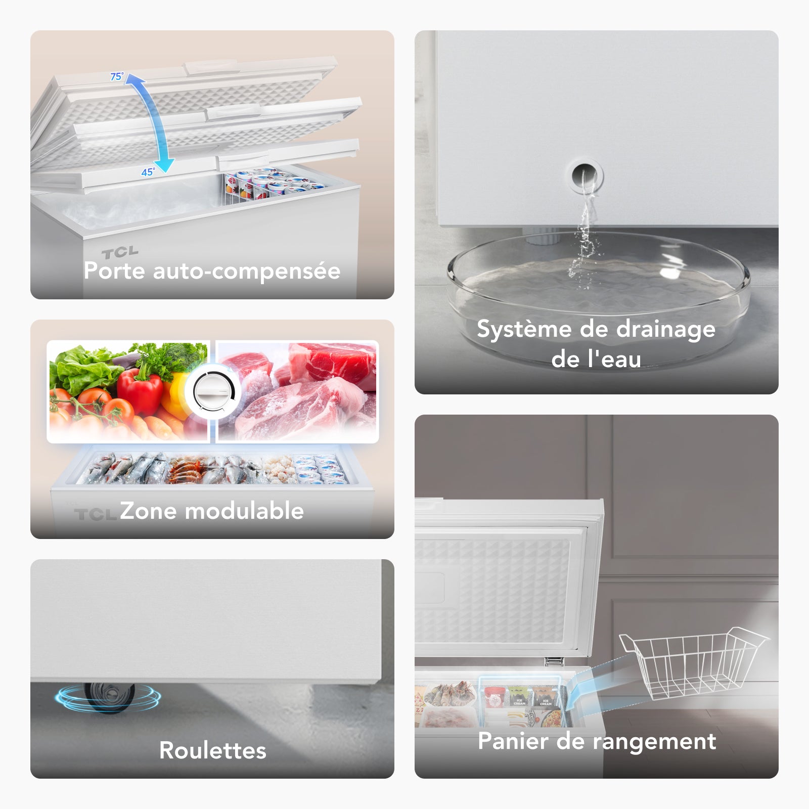 TCL CF182EWE0FR Congélateur 140 L, panier de rangement inclus, couvercle à équilibrage par contrepoids, convient pour diverses applications, thermostat réglable, pieds réglables