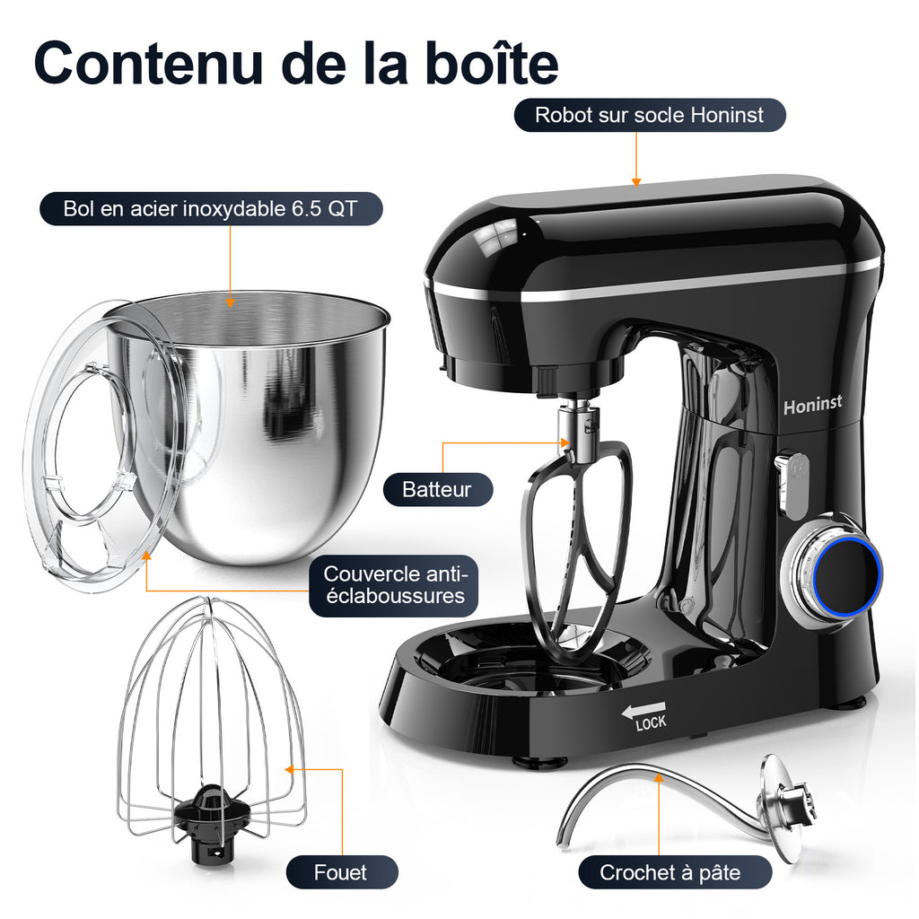 HONINST Robot pâtissier électrique à tête inclinable 6,5 qt 10 vitesses, robot de cuisine 3 en 1 avec bol, crochet pétrisseur, fouet et batteur plat
