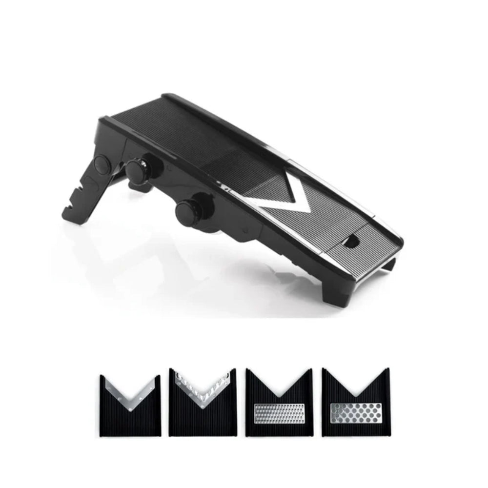 Mastrad Mandoline multi-lames à lame en V – 6 lames en acier inoxydable – Trancher, râper et tailler en julienne – Épaisseur réglable 1 à 9 mm
