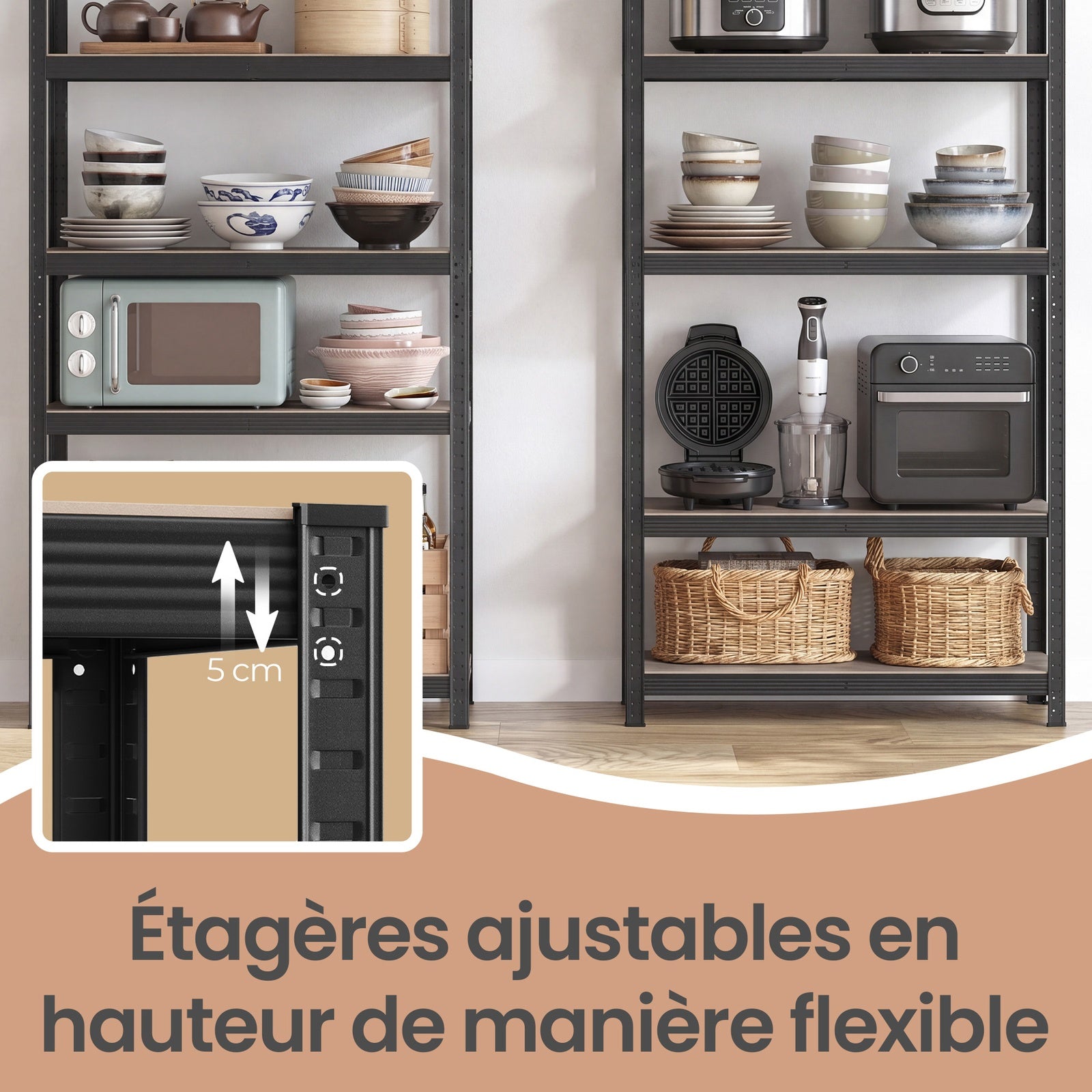 Ochama Étagère de charges lourdes, étagère de stockage, étagère de cave, structure en acier, 5 étagères réglables, grège et noir