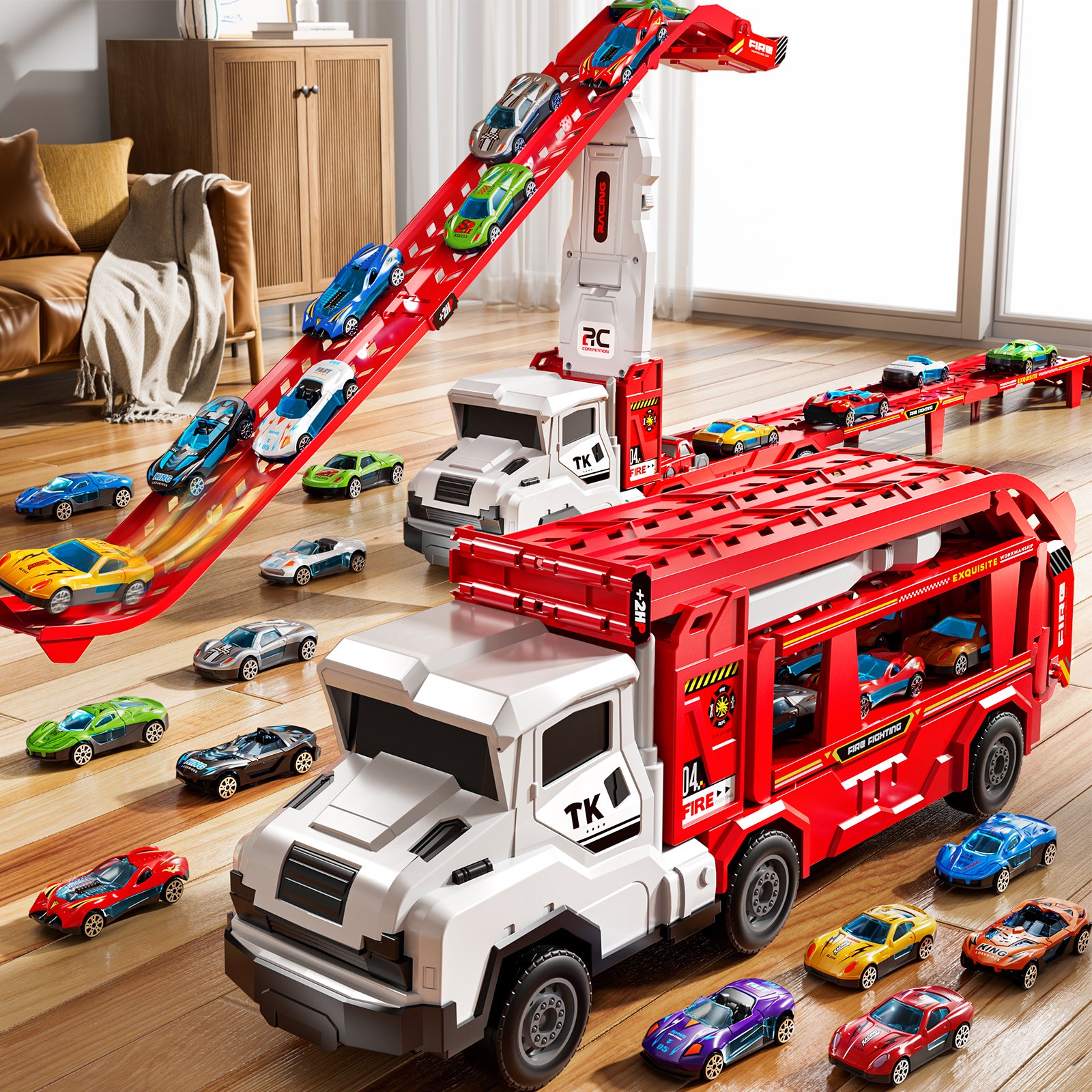 Jouet camion de transport TEMI avec 12 voitures en métal moulé sous pression, support de circuit de course pliable pour enfants