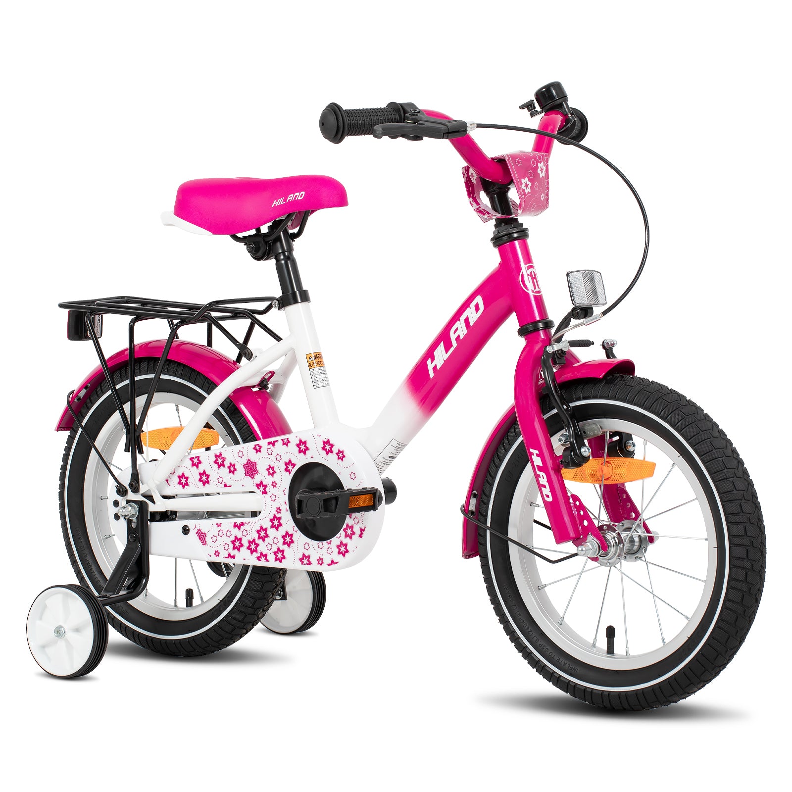 HILAND Starry Vélo pour enfants de 3 à 5 ans avec petites roues, sonnette et porte-bagages arrière rose - 35 cm