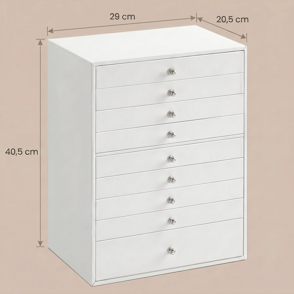 JOYFURNOS Organisateur de bijoux avec tiroirs, grande boîte de rangement, idée cadeau moderne pour chambre, 10 niveaux, blanc