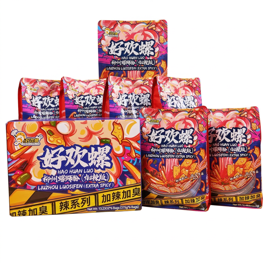 HAOHUANLUO Nouilles de riz aux escargots de rivière de Liuzhou version épicée 375 g lot de 6 boîte colorée
