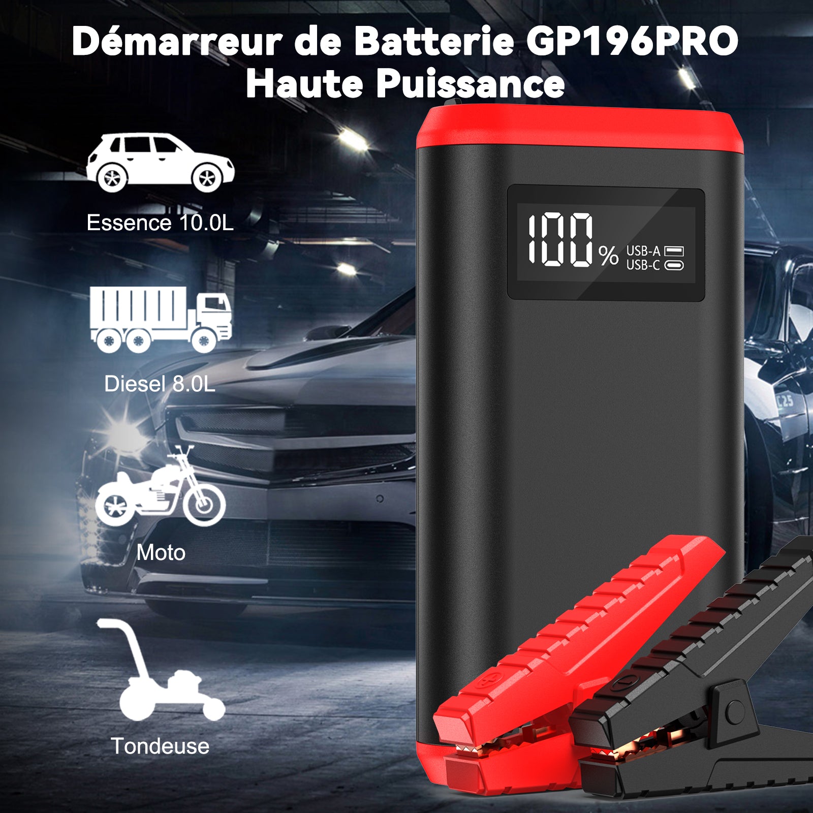 GREPRO Booster de Batterie 6000A, Démarreur de Voiture d’Urgence pour Véhicules 12V et Motos (jusqu’à 10,0L Essence / 8,0L Diesel), avec Écran LCD et Lampe Torche LED