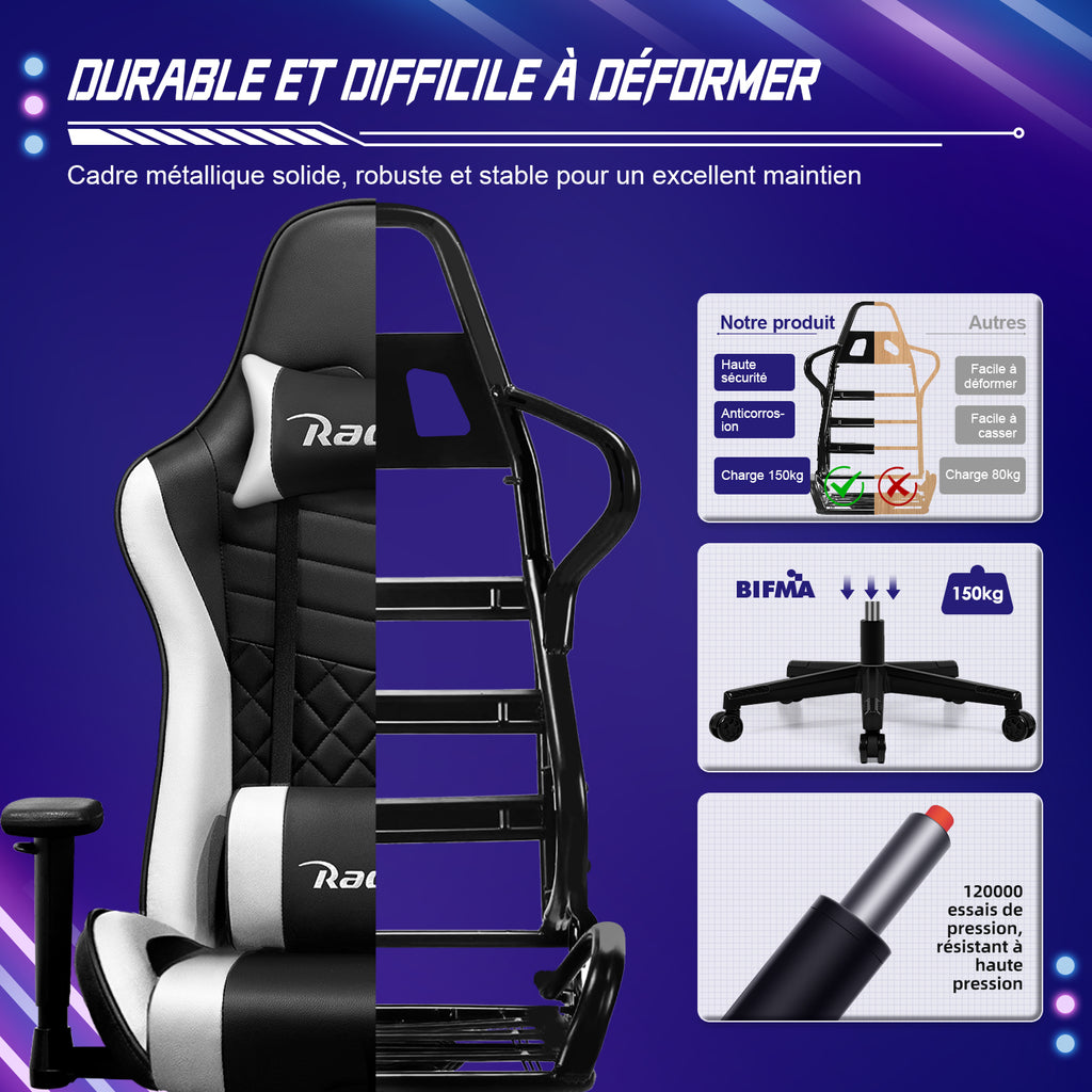 GTIMEX Chaise de bureau ergonomique avec soutien lombaire réglable, appuie-tête et accoudoirs, chaise de jeu rembourrée, fonction d'inclinaison, capacité de charge de 150 kg