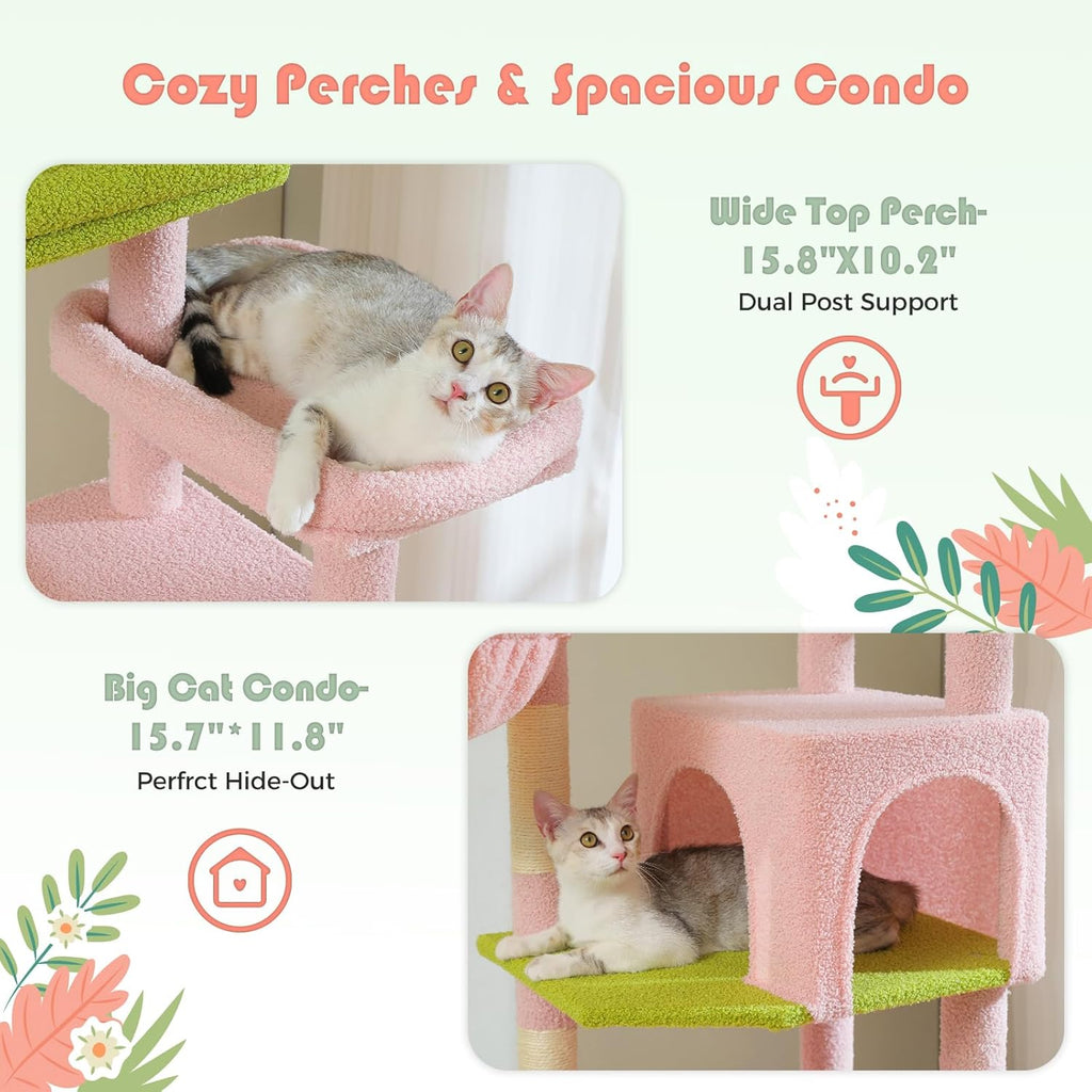 PAWZ Road Grand arbre à chat stable avec plusieurs niveaux, hamac, arbre à chat XXL 175 cm, 13 poteaux en sisal (diamètre 11 cm), grande plateforme, niche, paniers, rose