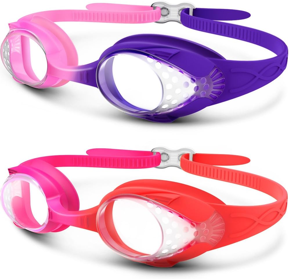 OutdoorMaster Lot de 2 lunettes de natation pour enfants - Rose & violet + rose & rouge