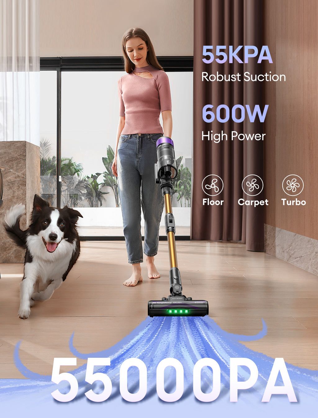 Ultenic U-2O Aspirateur sans fil, 55 kPa/60 min, Aspiration puissante améliorée, Brosse anti-emmêlement améliorée avec manche pliable, Écran de compte à rebours LED, Aspirateur autoportant pour sols, tapis et poils d'animaux