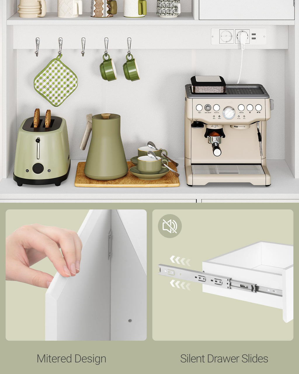 HaluPeit Meuble de cuisine, Buffet, Commode de cuisine avec prises et bandes lumineuses LED, avec plans de travail et 2 tiroirs, étagères réglables, cuisine, 40 x 100 x 180 cm, blanc