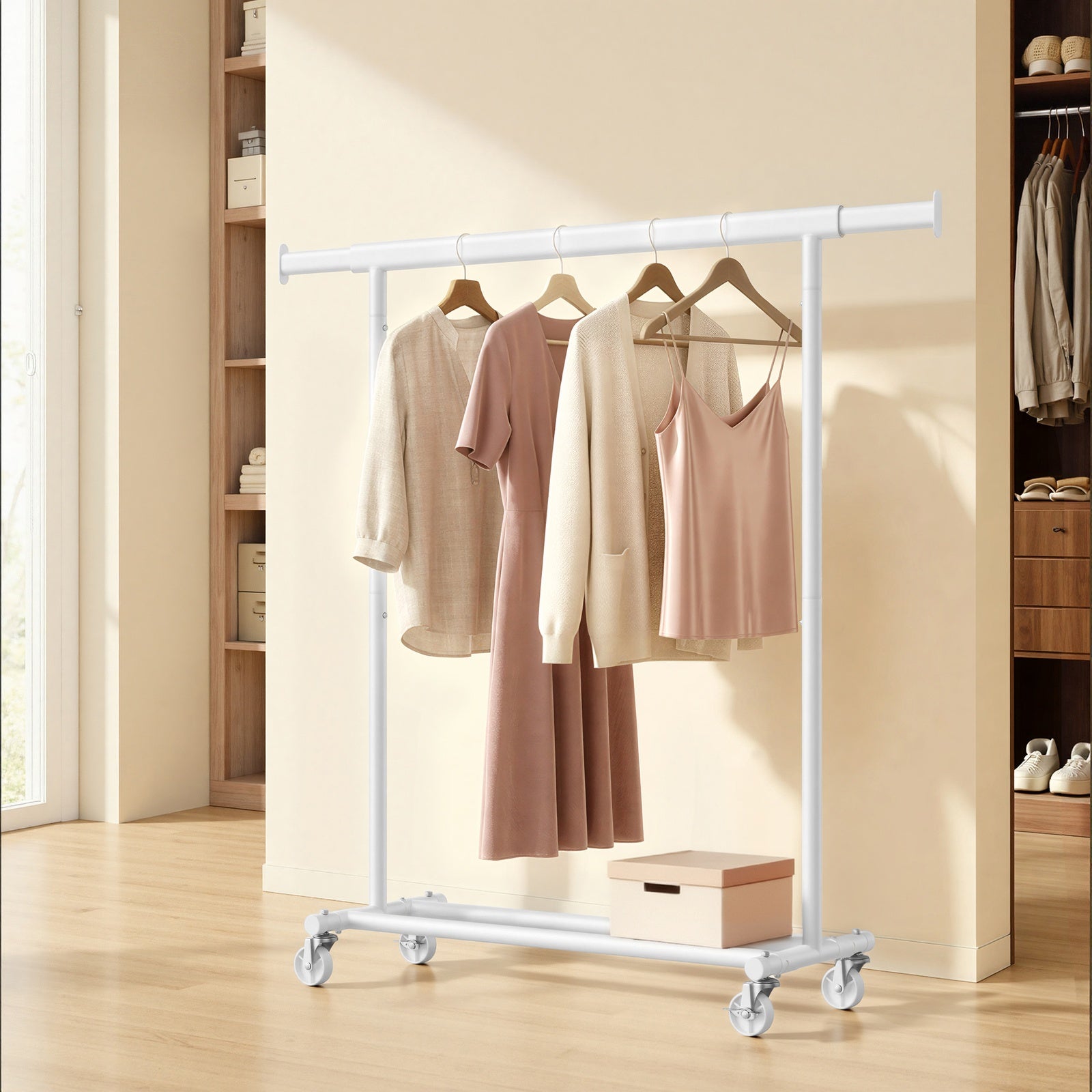 JOYFURNOS Portant à Vêtements sur Roulettes, Tringle à Vêtements Robuste, 45 x (92-132) x 161,5 cm, avec Tringle Extensible, Capacité de Charge 100 kg, Portable, Blanc