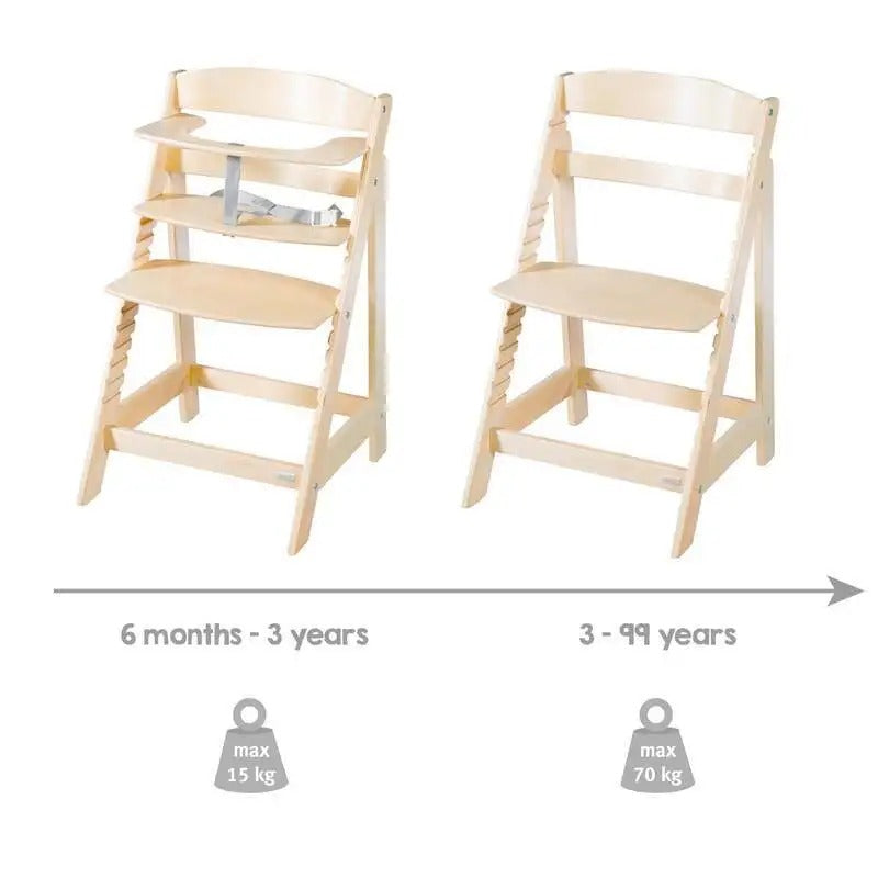 roba Chaise haute pour bébé Sit Up Flex - Chaise haute en bois extensible - Chaise haute réglable avec barre de sécurité - dès 6 mois jusqu'à 70 kg - Naturel