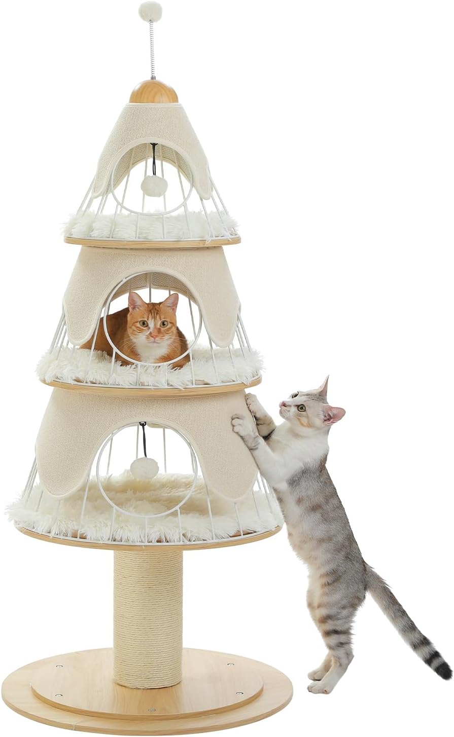 PAWZ Road Arbre de Noël pour chat 130 cm, tour pour chat avec poteau à griffer recouvert de sisal de 14 cm et 3 grandes niches pour chat, grand poteau à griffer pour chats d’intérieur, Blanc