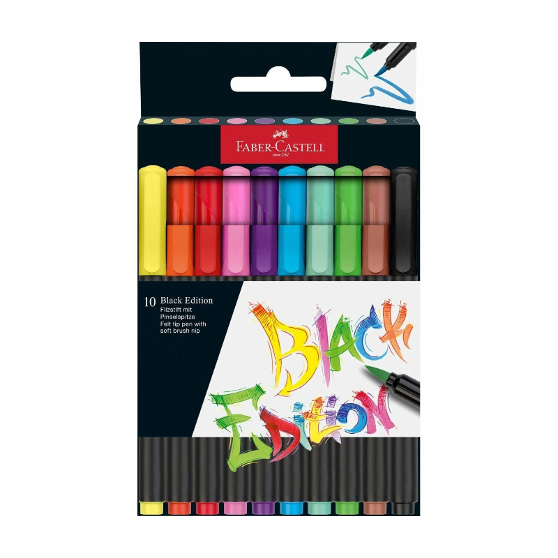 Faber-Castell Black Edition, marqueurs à pinceau, 10 pièces dans un étui en carton