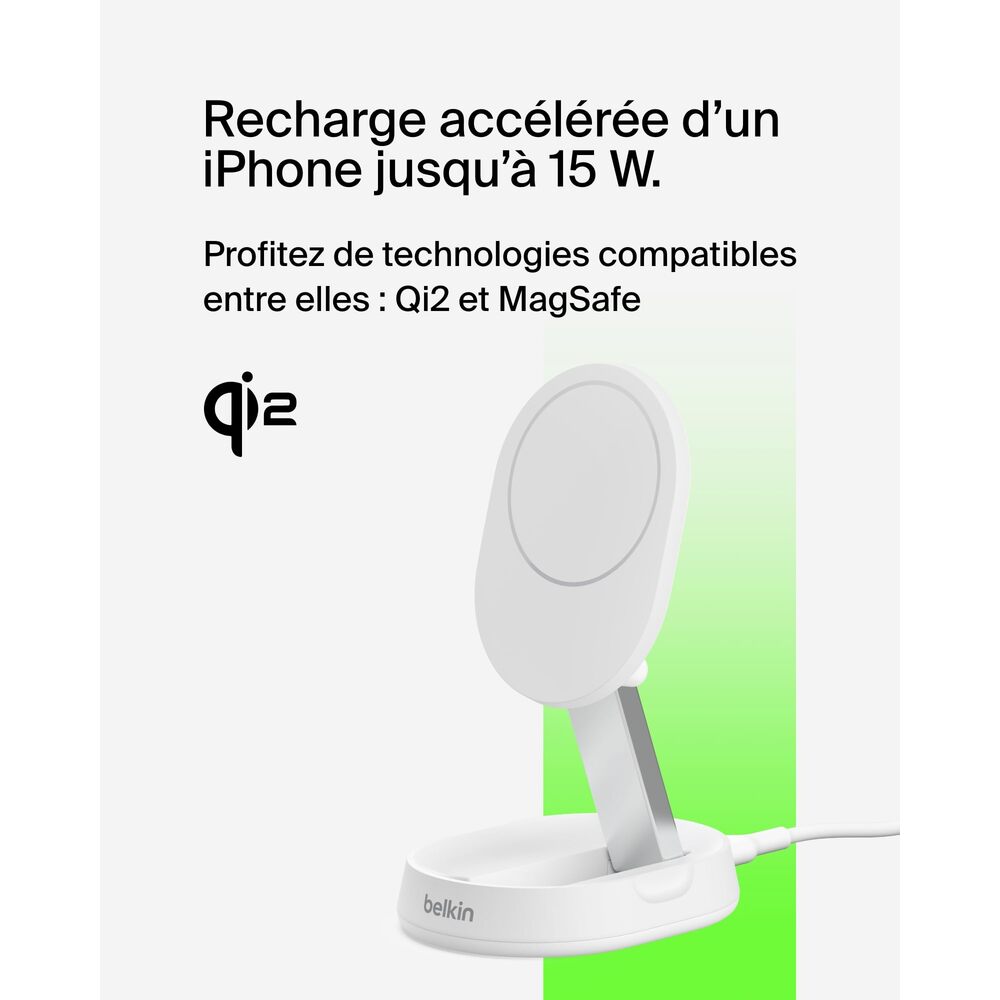 BELKINBOOST CHARGE Pro Qi2 Chargeur sans fil magnétique et pliable à induction 15 W compatible MagSafe pour iPhone 16/15/14 et AirPods, adaptateur secteur 20 W inclus - Blanc