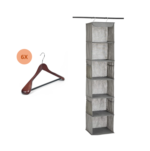 Lot de 6 cintres pour costumes en bois massif de haute qualité + ANQI organisateur d'étagère de penderie à 6 niveaux avec poches, 8,5" P x 12" L x 9" H