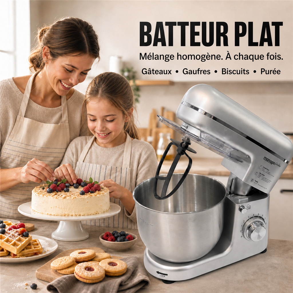 monsga SM100 Robot pâtissier, 1000 W, Noir/Argent, Bol mélangeur en acier inoxydable 6,0 L, Silencieux, Fouet, Crochet pétrisseur, Batteur et Couvercle anti-éclaboussures, 8 vitesses