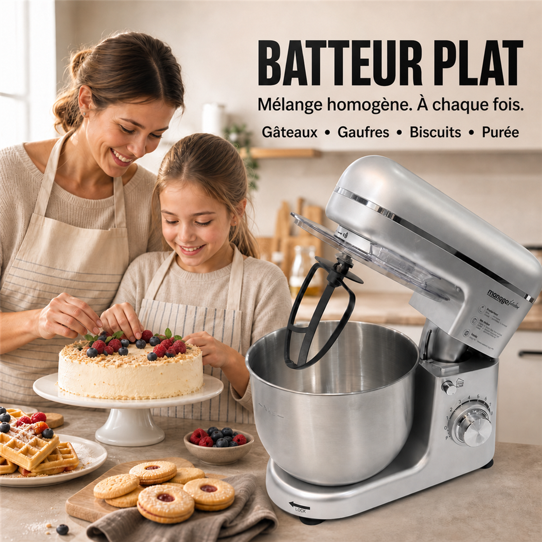 monsga SM100 Robot pâtissier, 1000 W, Noir/Argent, Bol mélangeur en acier inoxydable 6,0 L, Silencieux, Fouet, Crochet pétrisseur, Batteur et Couvercle anti-éclaboussures, 8 vitesses