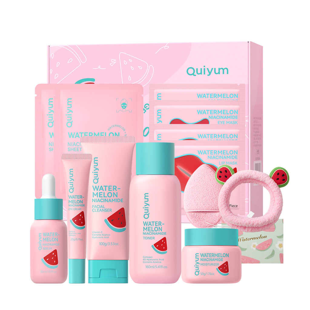 Quiyum Coffret de soins à la pastèque (13 pièces) - Nettoyant visage 100 g, lotion tonique 160 ml, sérum 30 ml, crème contour des yeux 20 g, crème visage 50 g