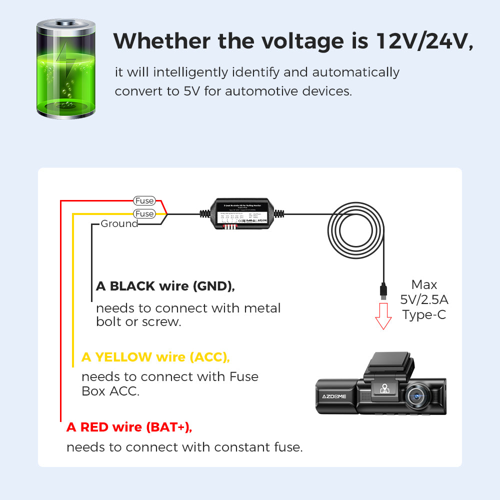 Azdome JYX05 Ensemble de câblage USB Type-C, 12 V-24 V à 5 V/2,5 A avec protection contre les basses tensions et chargeur pour caméra embarquée de 3,6 m
