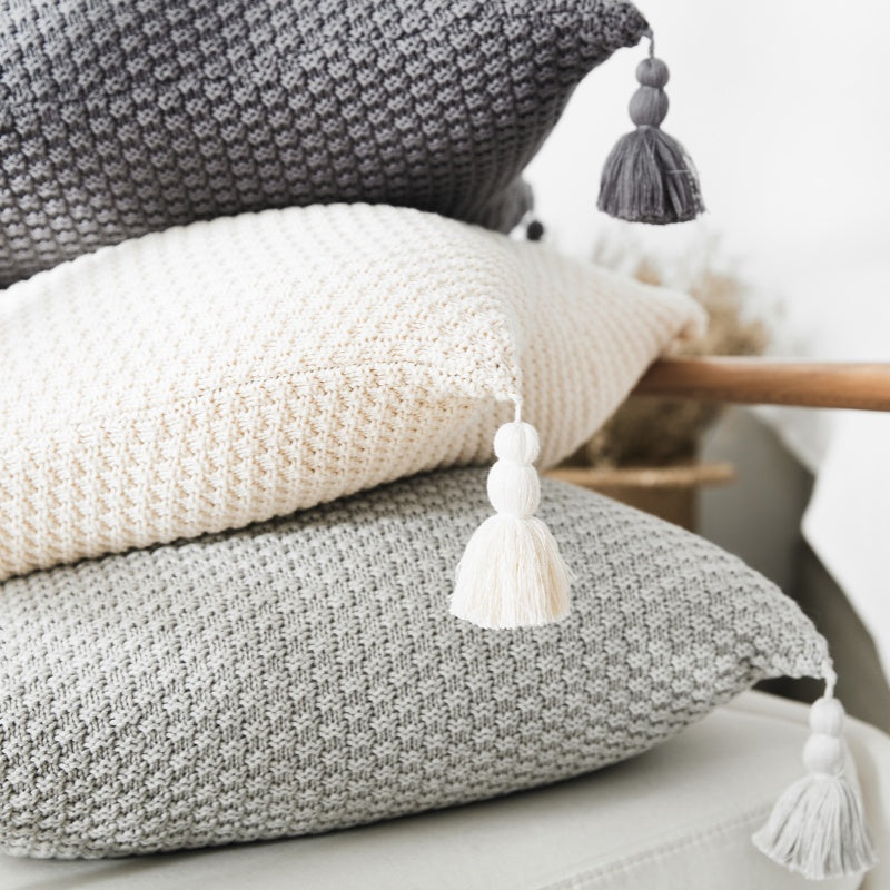 MEROPE, Housse de coussin en coton tricoté à franges, 50x50 cm, ivoire, 1 pack