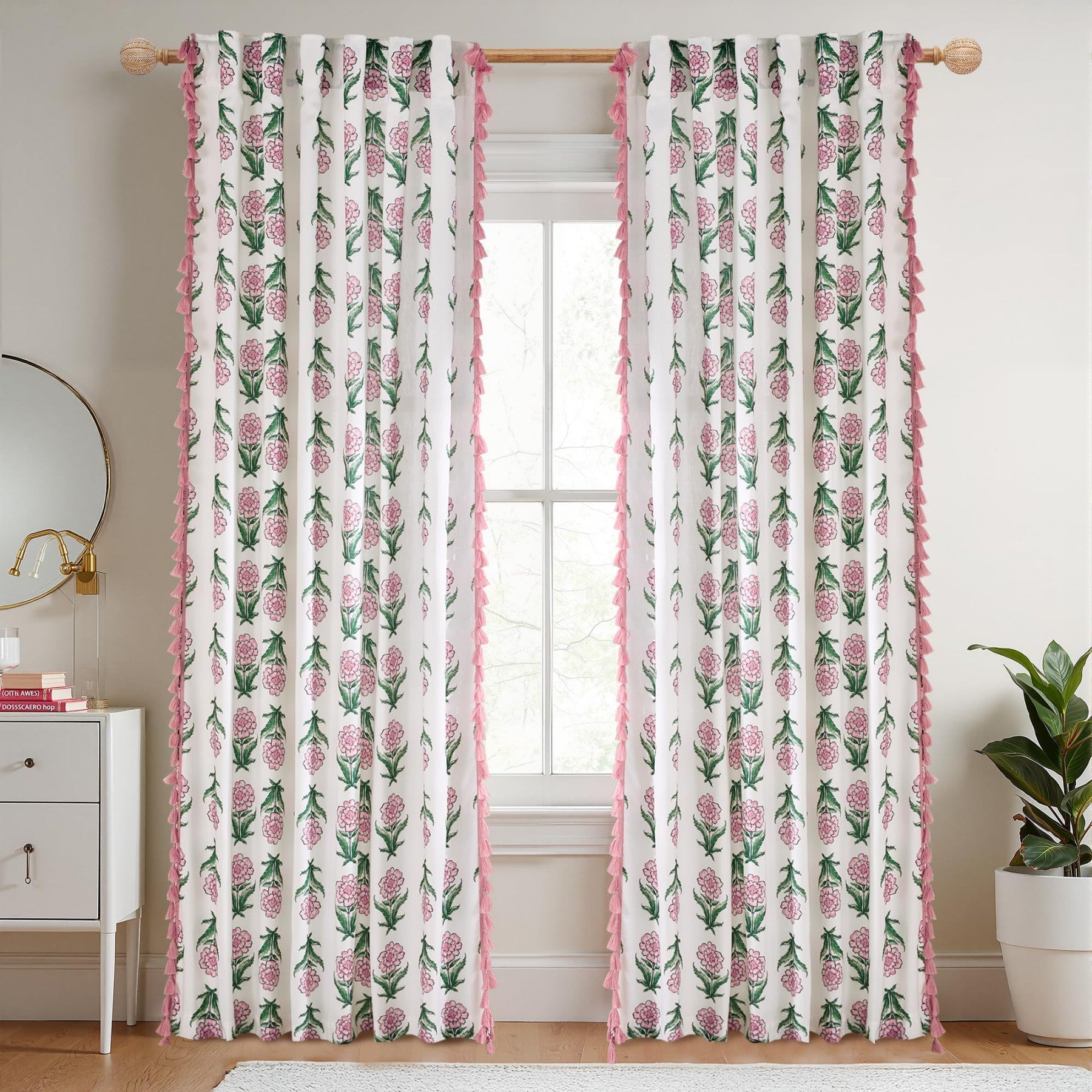 PONY DANCE Rideaux en Lin Floral pour Salon Épais et Durables Mélange Coton-Lin, Panneaux de Fenêtre Verticaux Intimité Bohème avec Pompons pour Chambre/Maison de Campagne, 2 Panneaux